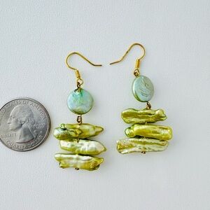 Rice Pearl Earrings Green Mint gold plated ear hooks spring jewelry